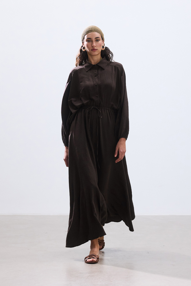 BE BLUE - ACI KAHVE BELİ BÜZGÜLÜ ELBİSE