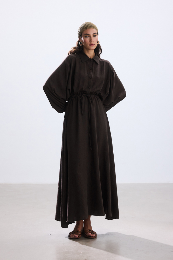 BE BLUE - ACI KAHVE BELİ BÜZGÜLÜ ELBİSE