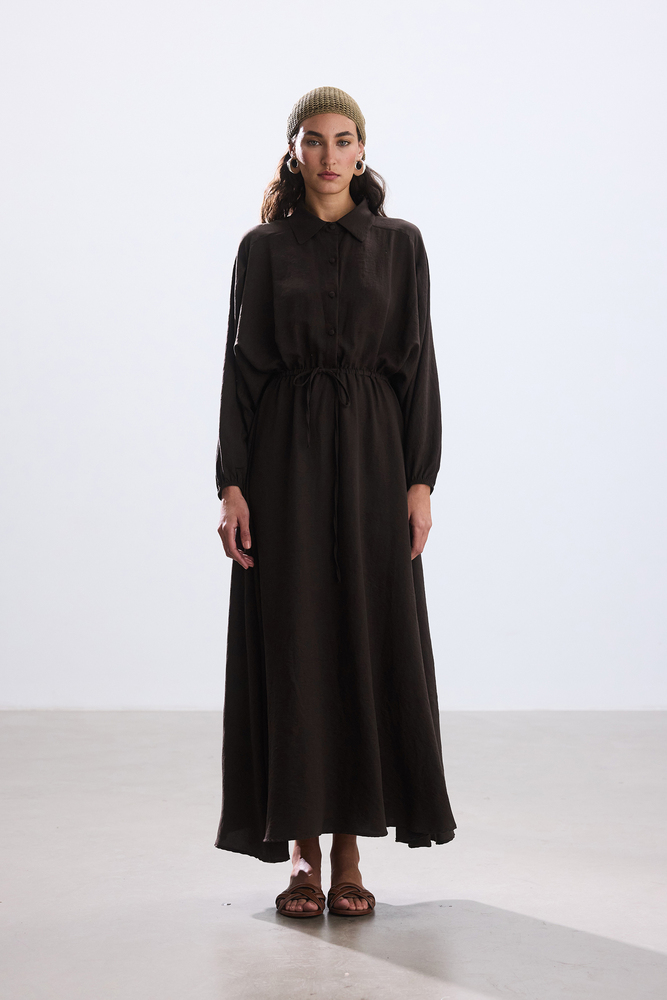 BE BLUE - ACI KAHVE BELİ BÜZGÜLÜ ELBİSE