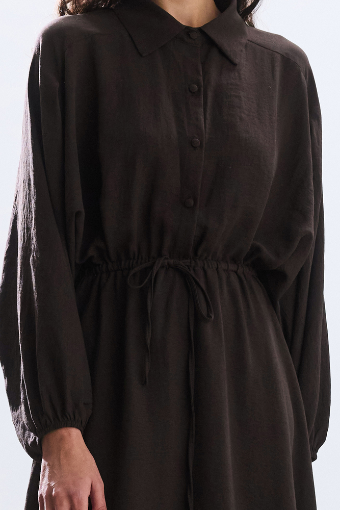 BE BLUE - ACI KAHVE BELİ BÜZGÜLÜ ELBİSE