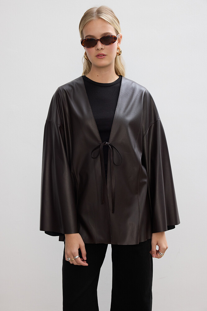 BE BLUE - ACI KAHVE DERİ KİMONO