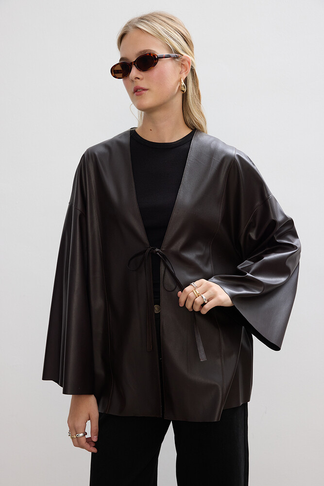 BE BLUE - ACI KAHVE DERİ KİMONO