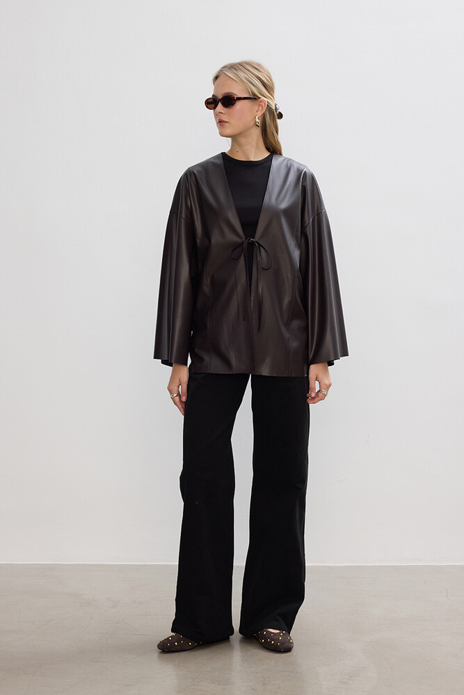 BE BLUE - ACI KAHVE DERİ KİMONO