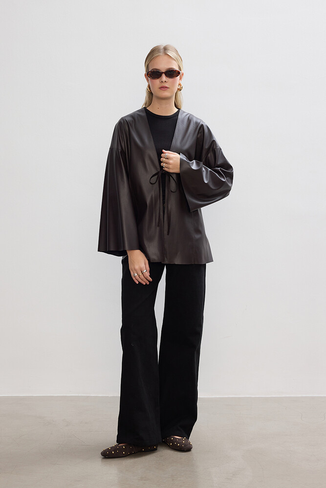 BE BLUE - ACI KAHVE DERİ KİMONO