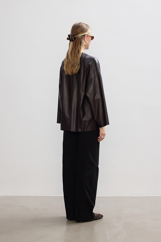 BE BLUE - ACI KAHVE DERİ KİMONO