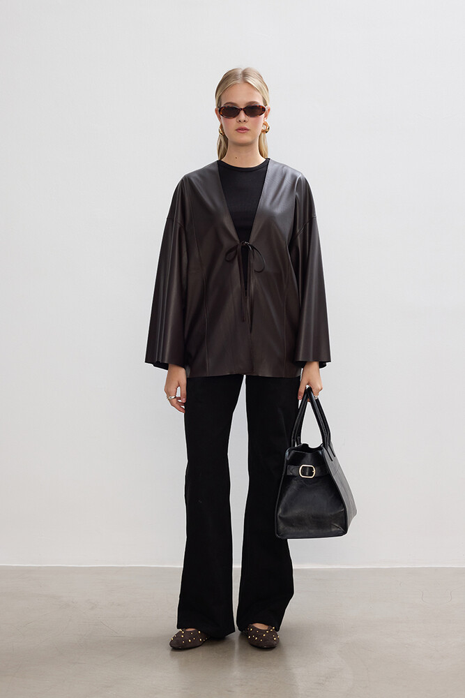 BE BLUE - ACI KAHVE DERİ KİMONO