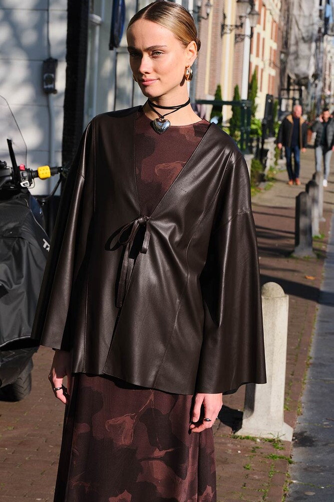 BE BLUE - ACI KAHVE DERİ KİMONO