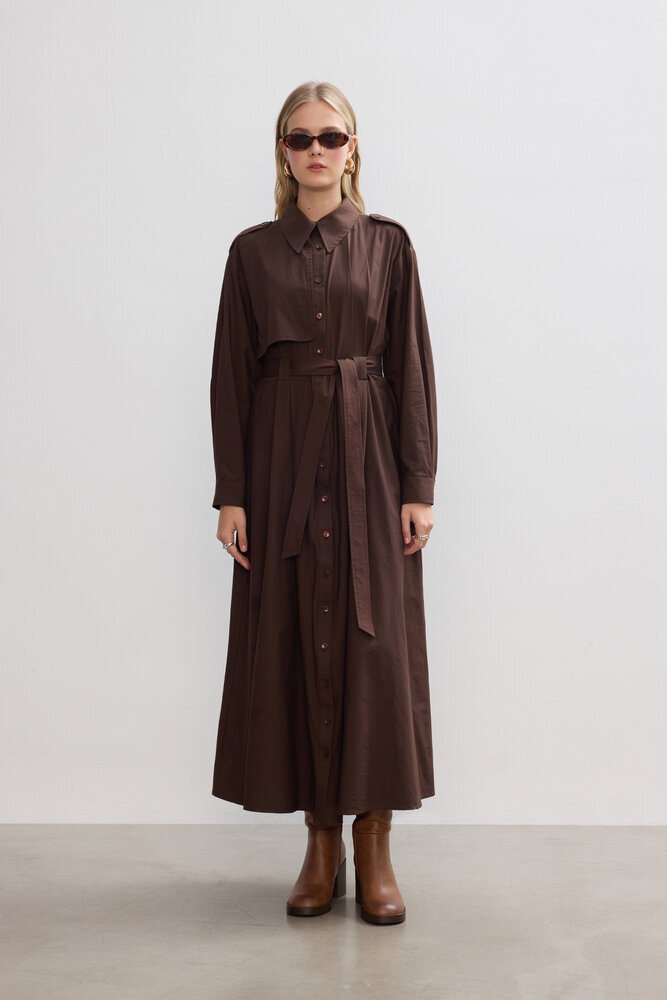 BE BLUE - ACI KAHVE PAMUKLU TRENÇ ELBİSE