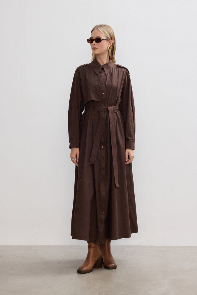 BE BLUE - ACI KAHVE PAMUKLU TRENÇ ELBİSE