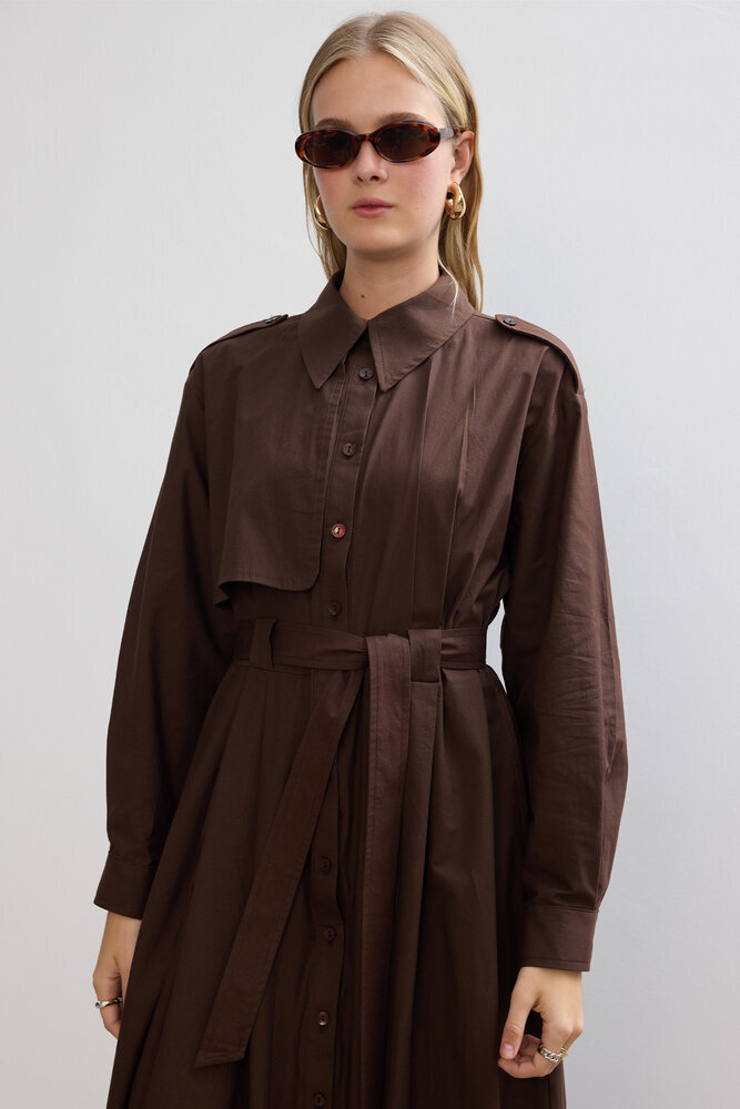 BE BLUE - ACI KAHVE PAMUKLU TRENÇ ELBİSE