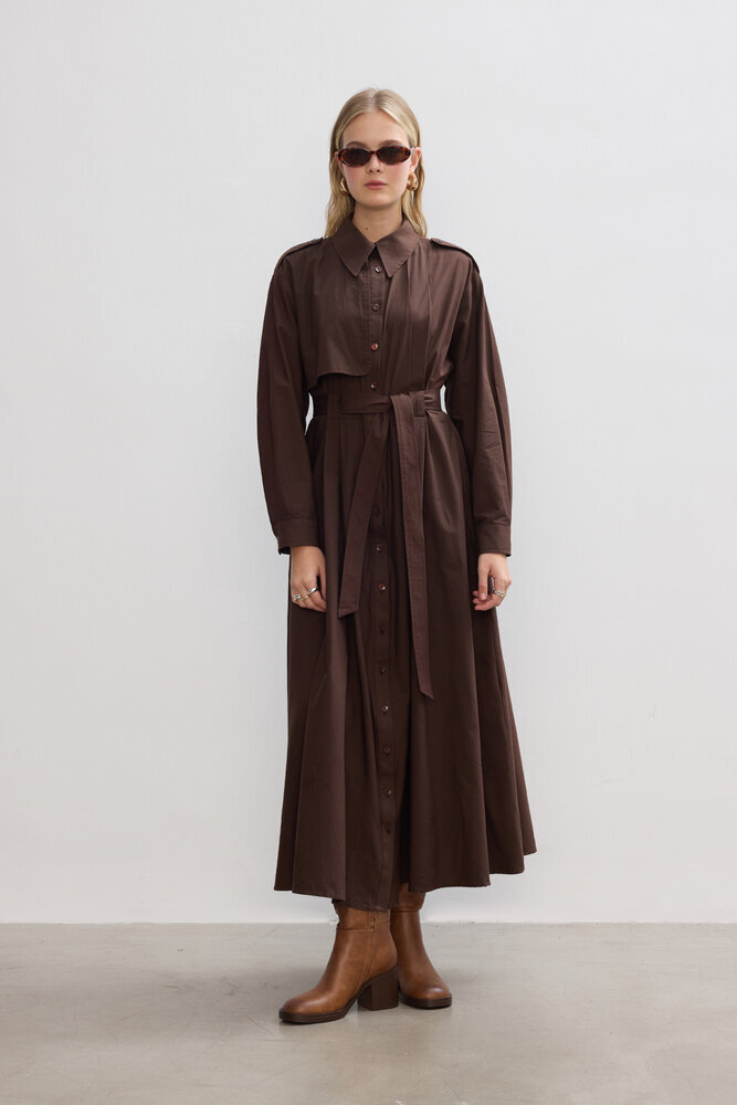 BE BLUE - ACI KAHVE PAMUKLU TRENÇ ELBİSE