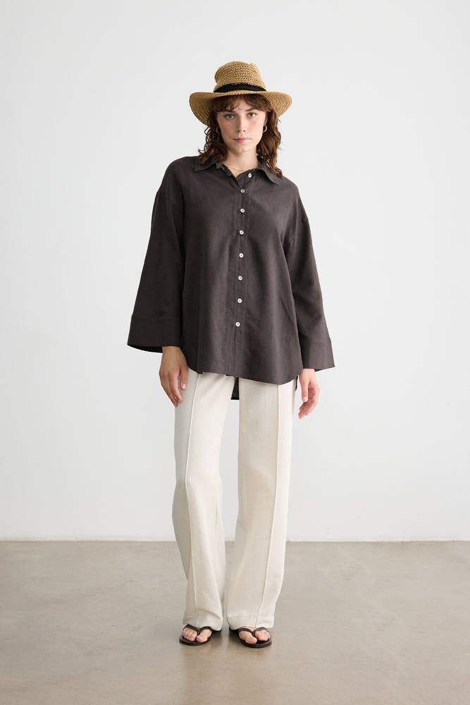 BE BLUE - ACI KAHVE SEDEF DÜĞMELİ PAMUK KETEN GÖMLEK (1)