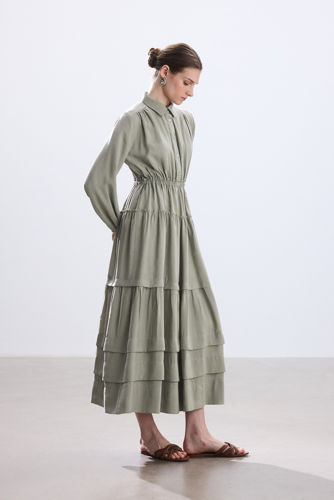 BE BLUE - AÇIK HAKİ NERVÜRLÜ MODAL ELBİSE