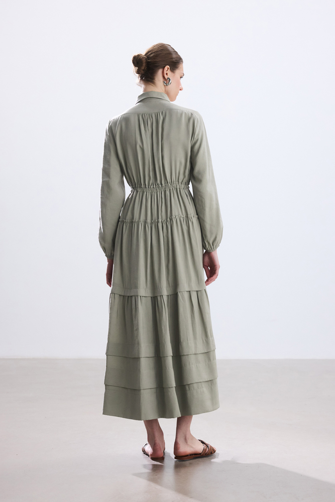 BE BLUE - AÇIK HAKİ NERVÜRLÜ MODAL ELBİSE