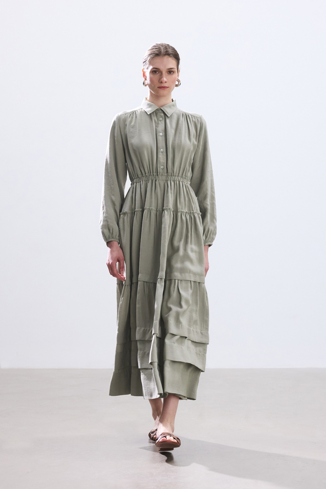 BE BLUE - AÇIK HAKİ NERVÜRLÜ MODAL ELBİSE