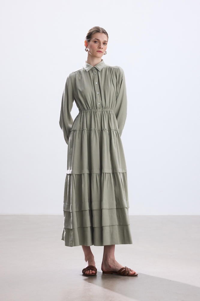 BE BLUE - AÇIK HAKİ NERVÜRLÜ MODAL ELBİSE