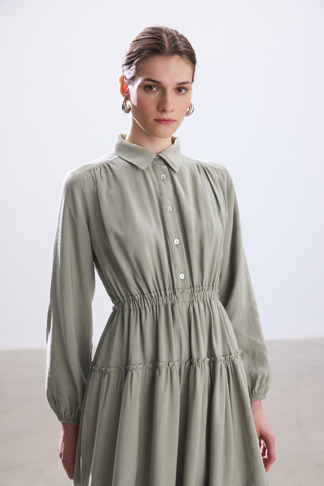 BE BLUE - AÇIK HAKİ NERVÜRLÜ MODAL ELBİSE