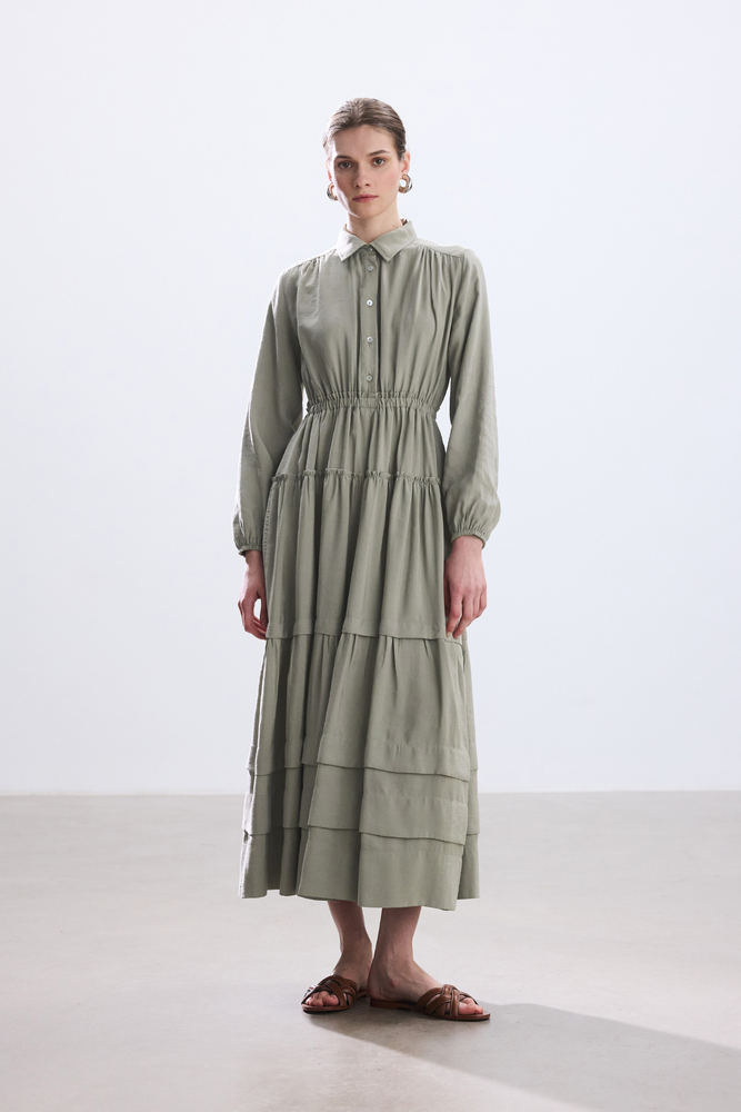 BE BLUE - AÇIK HAKİ NERVÜRLÜ MODAL ELBİSE