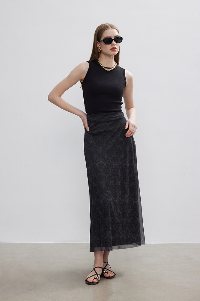BE BLUE - ANTRASİT FLORAL TÜL ETEK