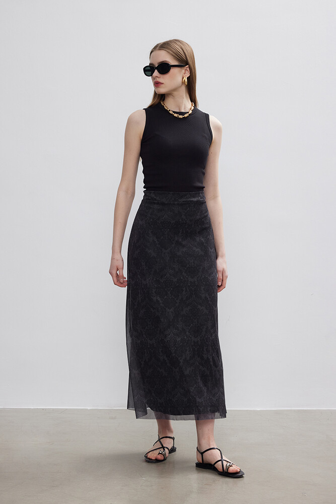 BE BLUE - ANTRASİT FLORAL TÜL ETEK