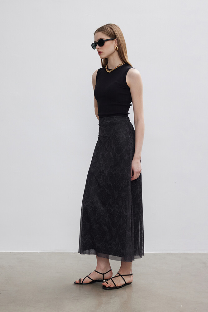 BE BLUE - ANTRASİT FLORAL TÜL ETEK