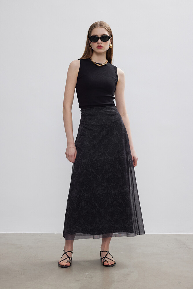 BE BLUE - ANTRASİT FLORAL TÜL ETEK