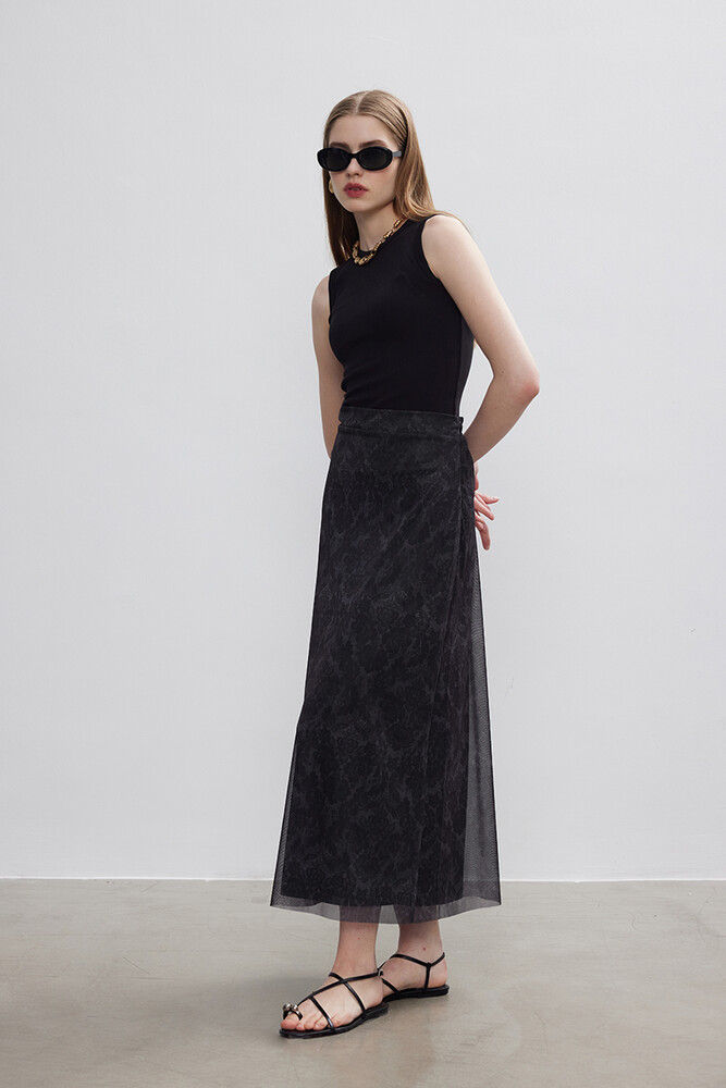 BE BLUE - ANTRASİT FLORAL TÜL ETEK