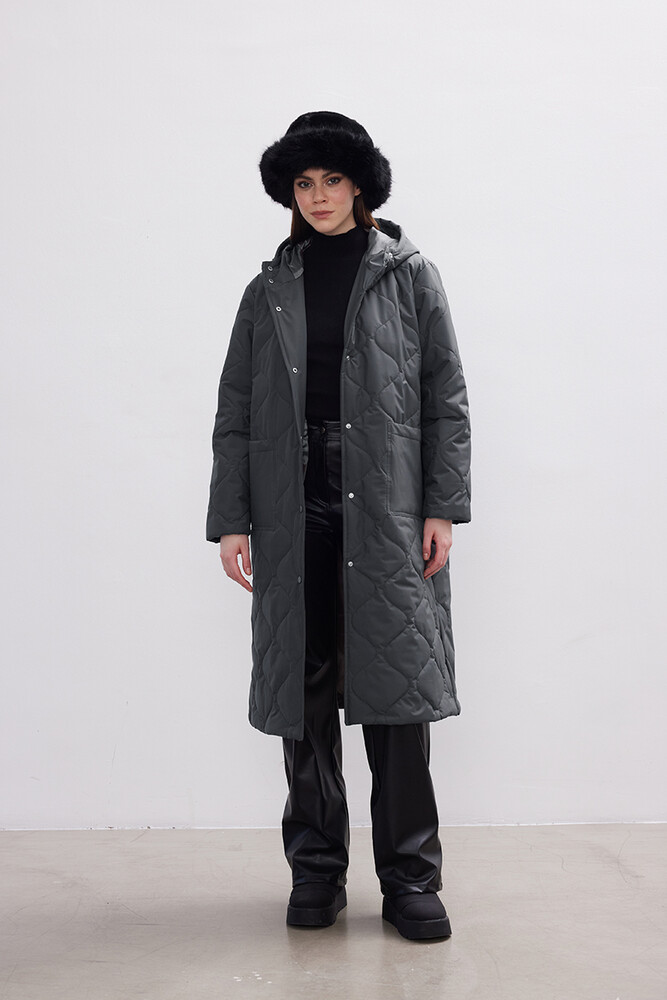 BE BLUE - ANTRASİT UZUN KAPİTONE MONT