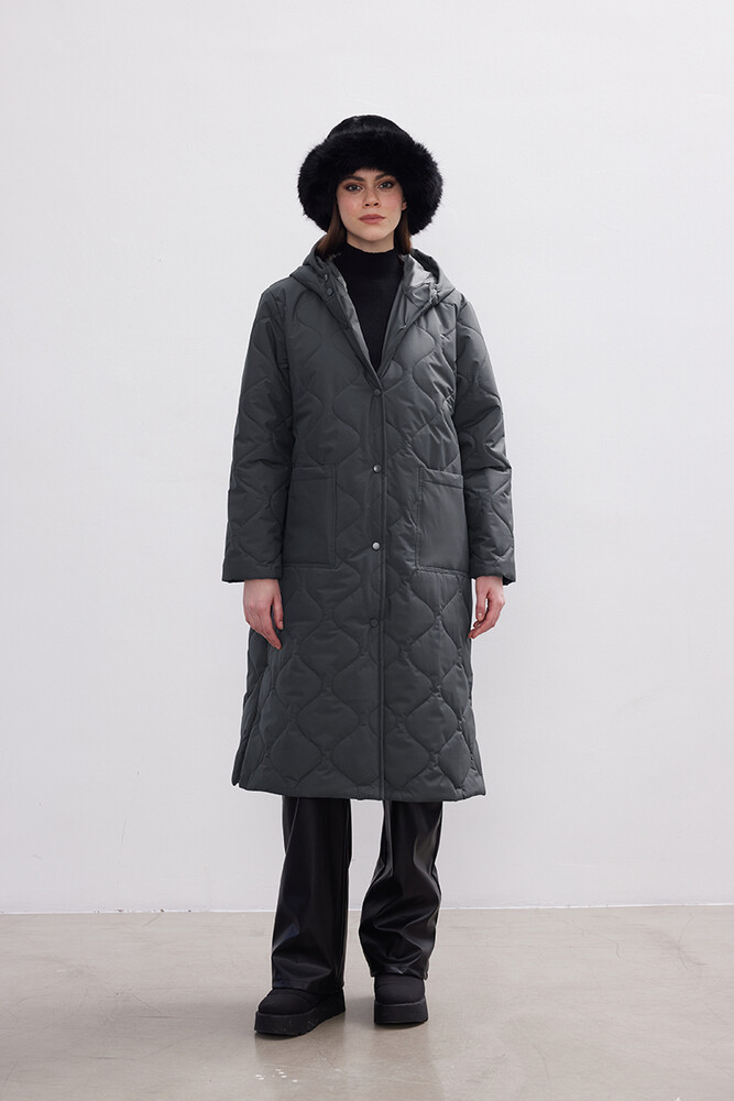 BE BLUE - ANTRASİT UZUN KAPİTONE MONT