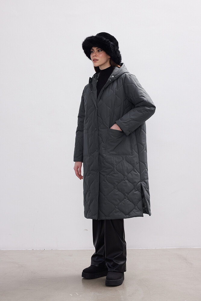 BE BLUE - ANTRASİT UZUN KAPİTONE MONT