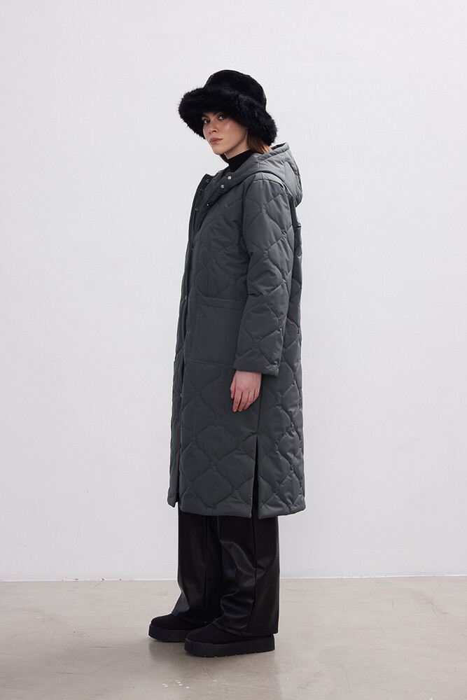 BE BLUE - ANTRASİT UZUN KAPİTONE MONT