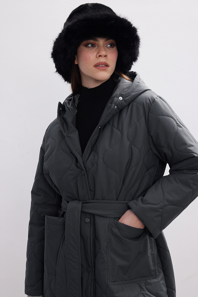 BE BLUE - ANTRASİT UZUN KAPİTONE MONT