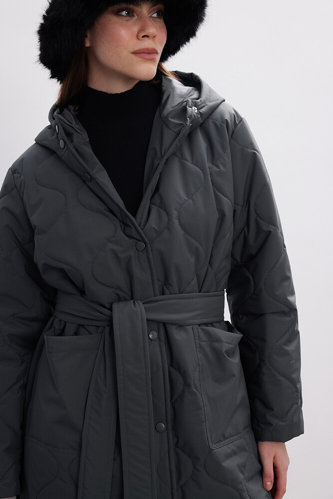 BE BLUE - ANTRASİT UZUN KAPİTONE MONT