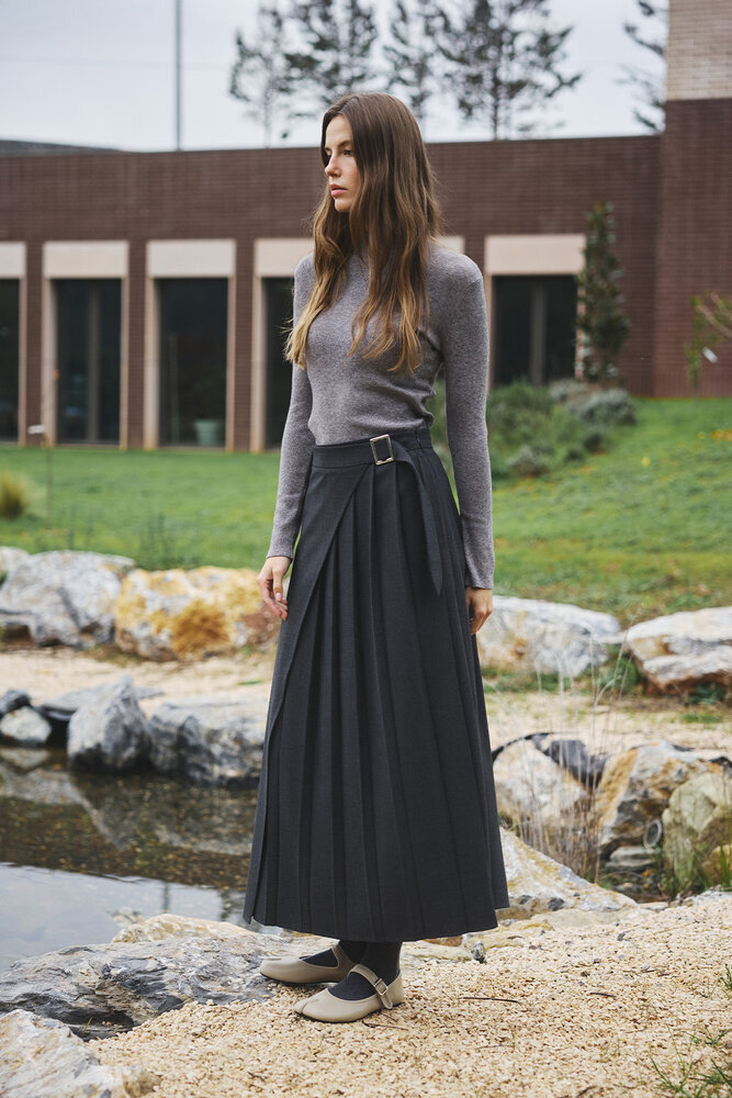 BE BLUE - ANTRASİT PİLELİ ASİMETRİK ETEK