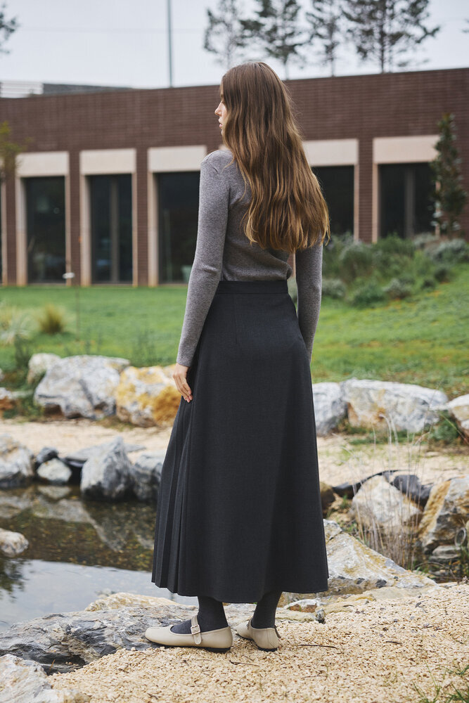 BE BLUE - ANTRASİT PİLELİ ASİMETRİK ETEK