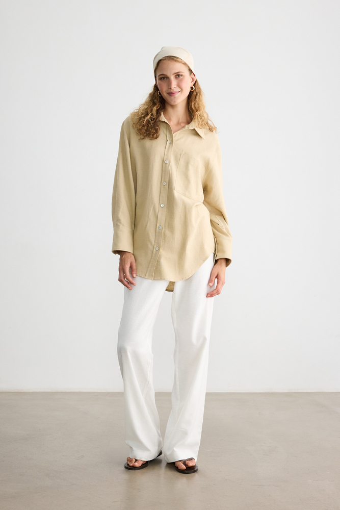 BE BLUE - BEJ PAMUK KETEN GÖMLEK