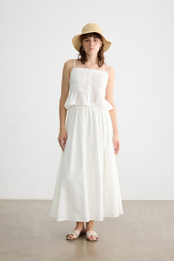 BE BLUE - BEYAZ BELİ BÜZGÜLÜ PAMUK KETEN ETEK