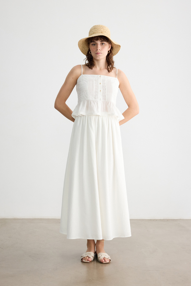 BE BLUE - BEYAZ BELİ BÜZGÜLÜ PAMUK KETEN ETEK (1)