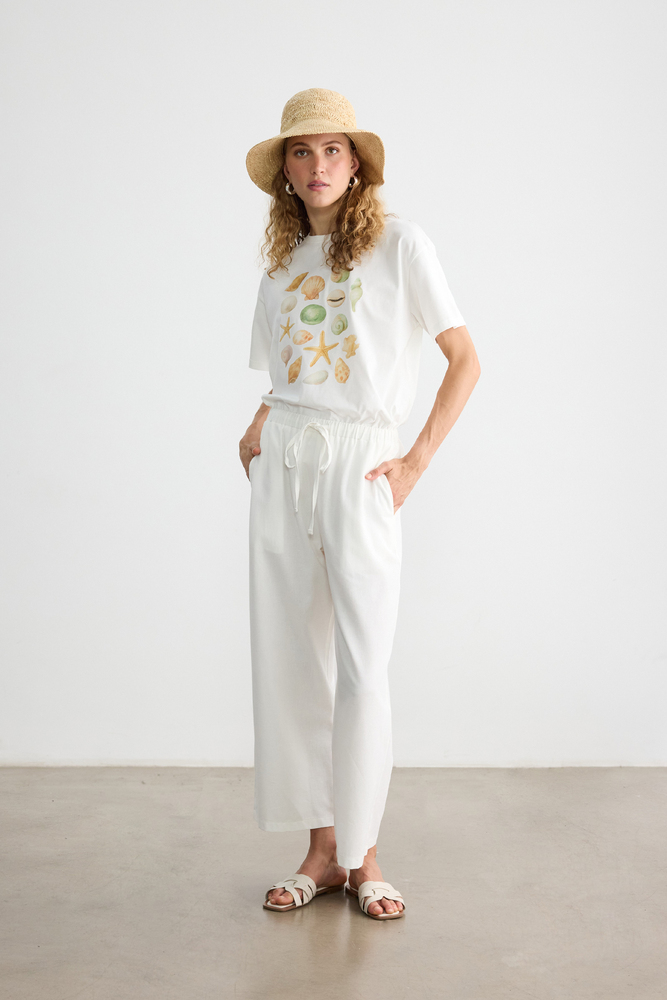 BE BLUE - BEYAZ DÜZ KESİM PAMUK KETEN PANTOLON