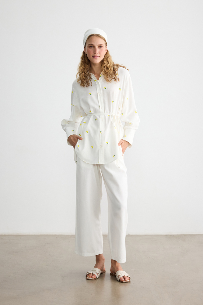 BE BLUE - BEYAZ DÜZ KESİM PAMUK KETEN PANTOLON