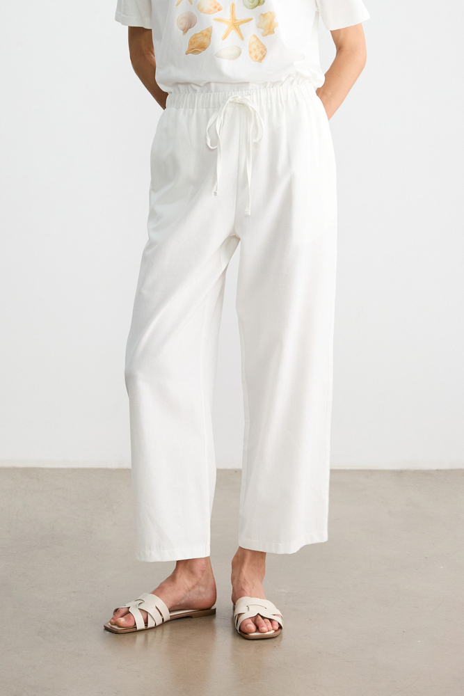 BE BLUE - BEYAZ DÜZ KESİM PAMUK KETEN PANTOLON