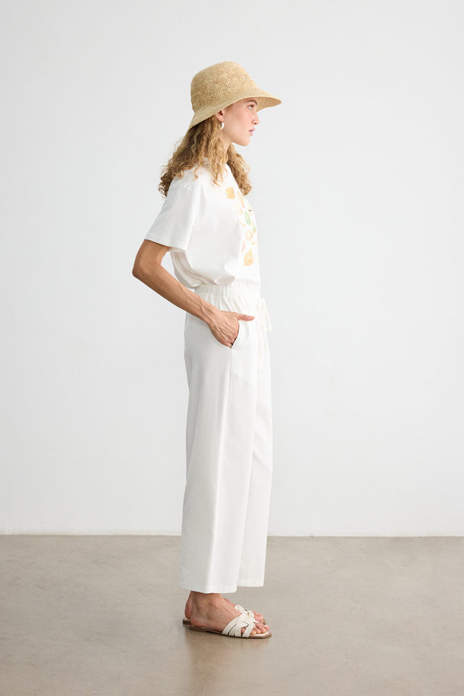 BE BLUE - BEYAZ DÜZ KESİM PAMUK KETEN PANTOLON