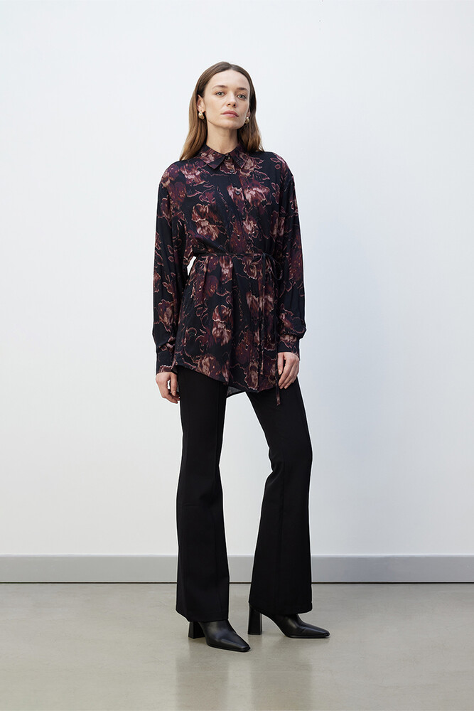 BE BLUE - BORDO FLORAL DESENLİ VINTAGE GÖMLEK