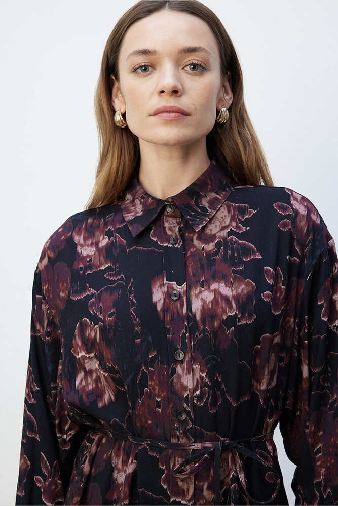 BE BLUE - BORDO FLORAL DESENLİ VINTAGE GÖMLEK