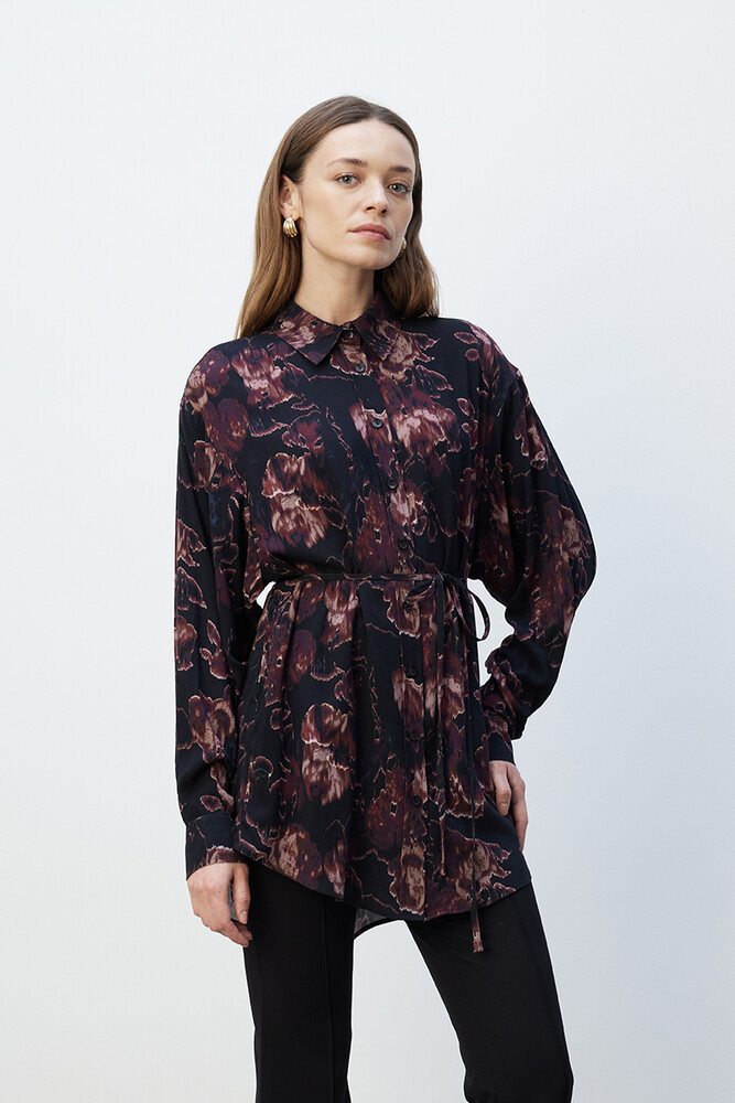 BE BLUE - BORDO FLORAL DESENLİ VINTAGE GÖMLEK