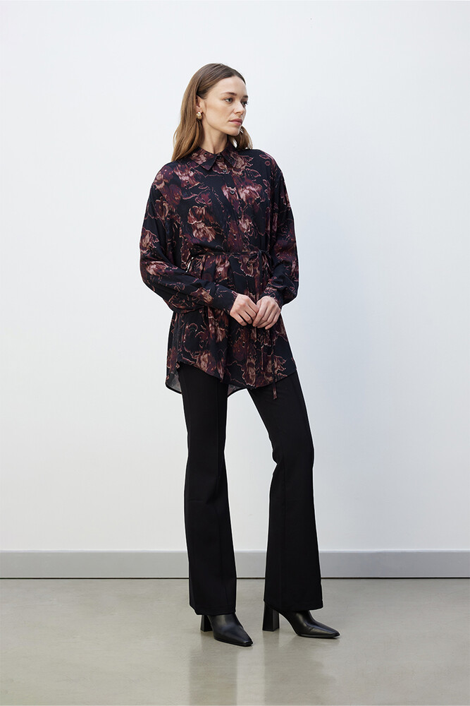 BE BLUE - BORDO FLORAL DESENLİ VINTAGE GÖMLEK