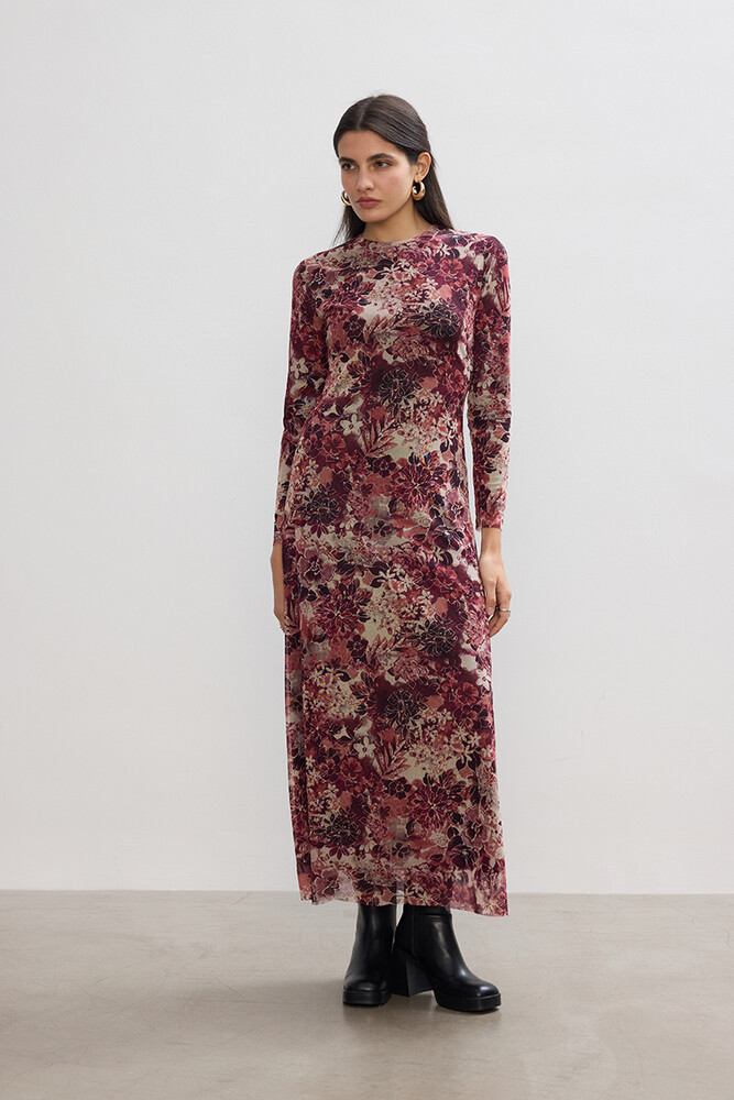 BE BLUE - BORDO FLORAL TÜL ELBİSE