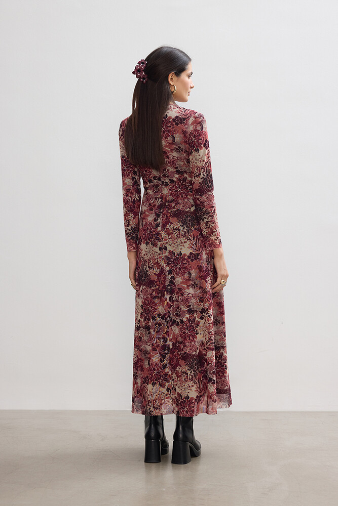 BE BLUE - BORDO FLORAL TÜL ELBİSE