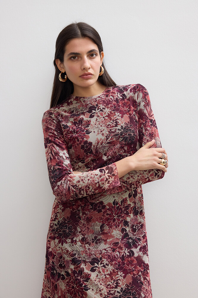 BE BLUE - BORDO FLORAL TÜL ELBİSE