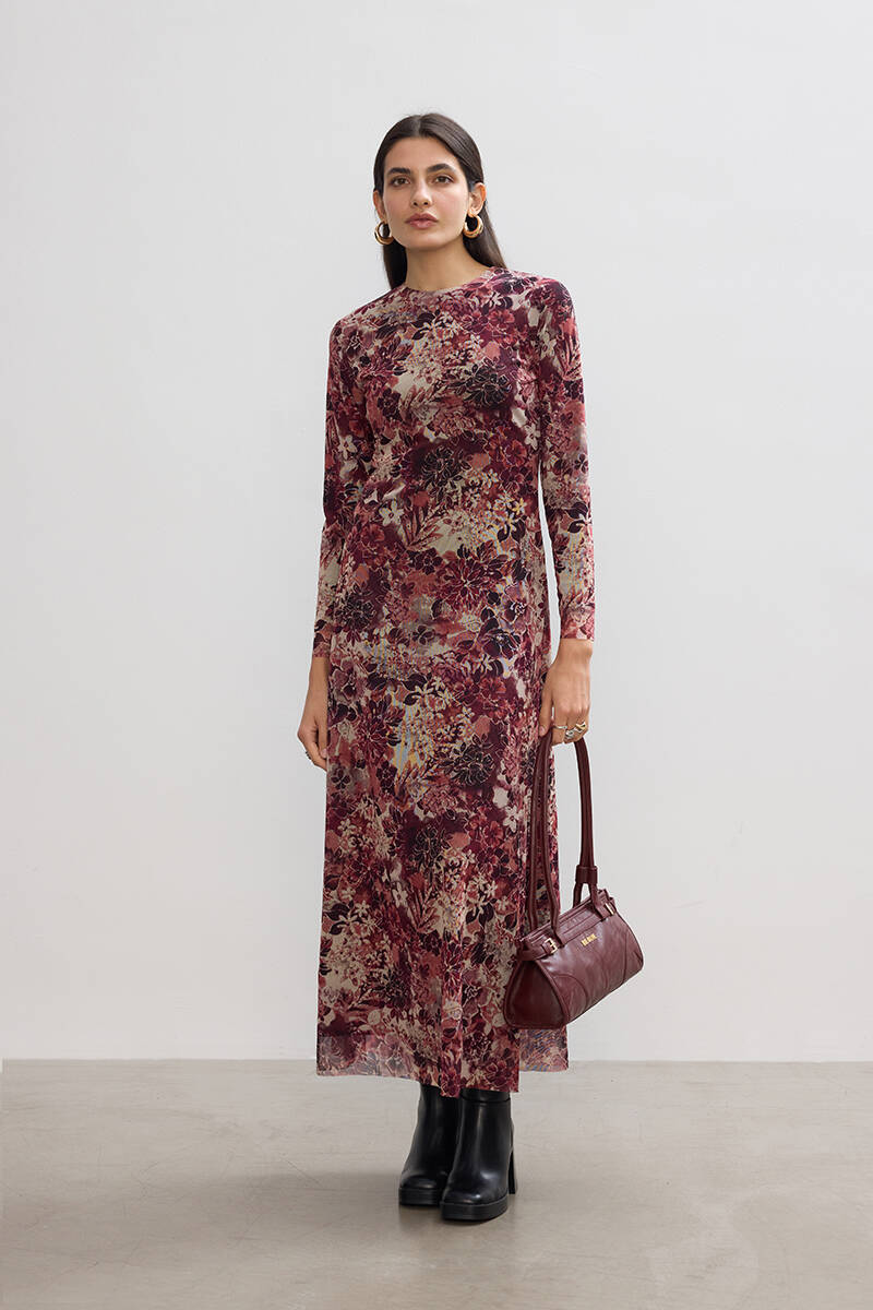BORDO FLORAL TÜL ELBİSE
